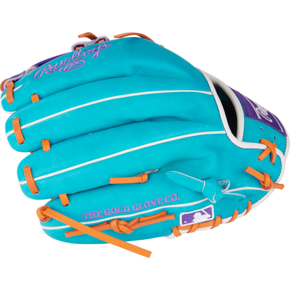 The Rawlings Heart of the Hide 11.75" Baseball Glove (PROR205-32TEP) features turquoise leather, orange laces, white piping, purple branding, The Gold Glove Co., and an MLB logo on the side.