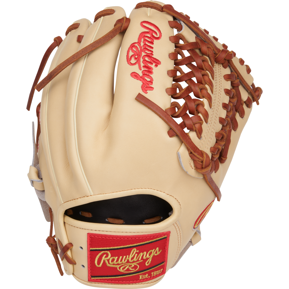 The Rawlings Heart of the Hide 11.75" Baseball Glove (PROR205-4CTG) features a tan and brown design with red stitching, woven web, open wrist area, and iconic craftsmanship on the back.