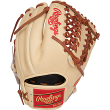 The Rawlings Heart of the Hide 11.75" Baseball Glove (PROR205-4CTG) features a tan and brown design with red stitching, woven web, open wrist area, and iconic craftsmanship on the back.