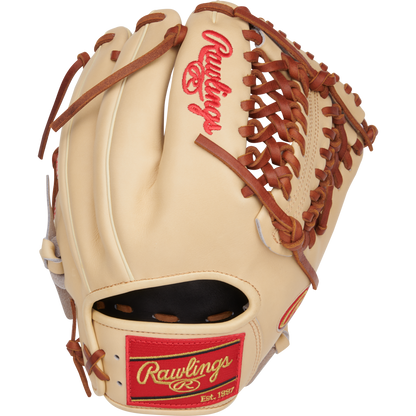 The Rawlings Heart of the Hide 11.75" Baseball Glove (PROR205-4CTG) features a tan and brown design with red stitching, woven web, open wrist area, and iconic craftsmanship on the back.