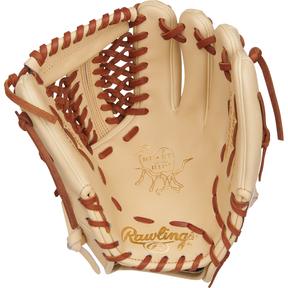 The Rawlings Heart of the Hide 11.75" Baseball Glove (PROR205-4CTG) is a tan infield glove with brown laces, Heart of the Hide logo, and a bull graphic embossed on the palm.
