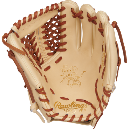The Rawlings Heart of the Hide 11.75" Baseball Glove (PROR205-4CTG) is a tan infield glove with brown laces, Heart of the Hide logo, and a bull graphic embossed on the palm.
