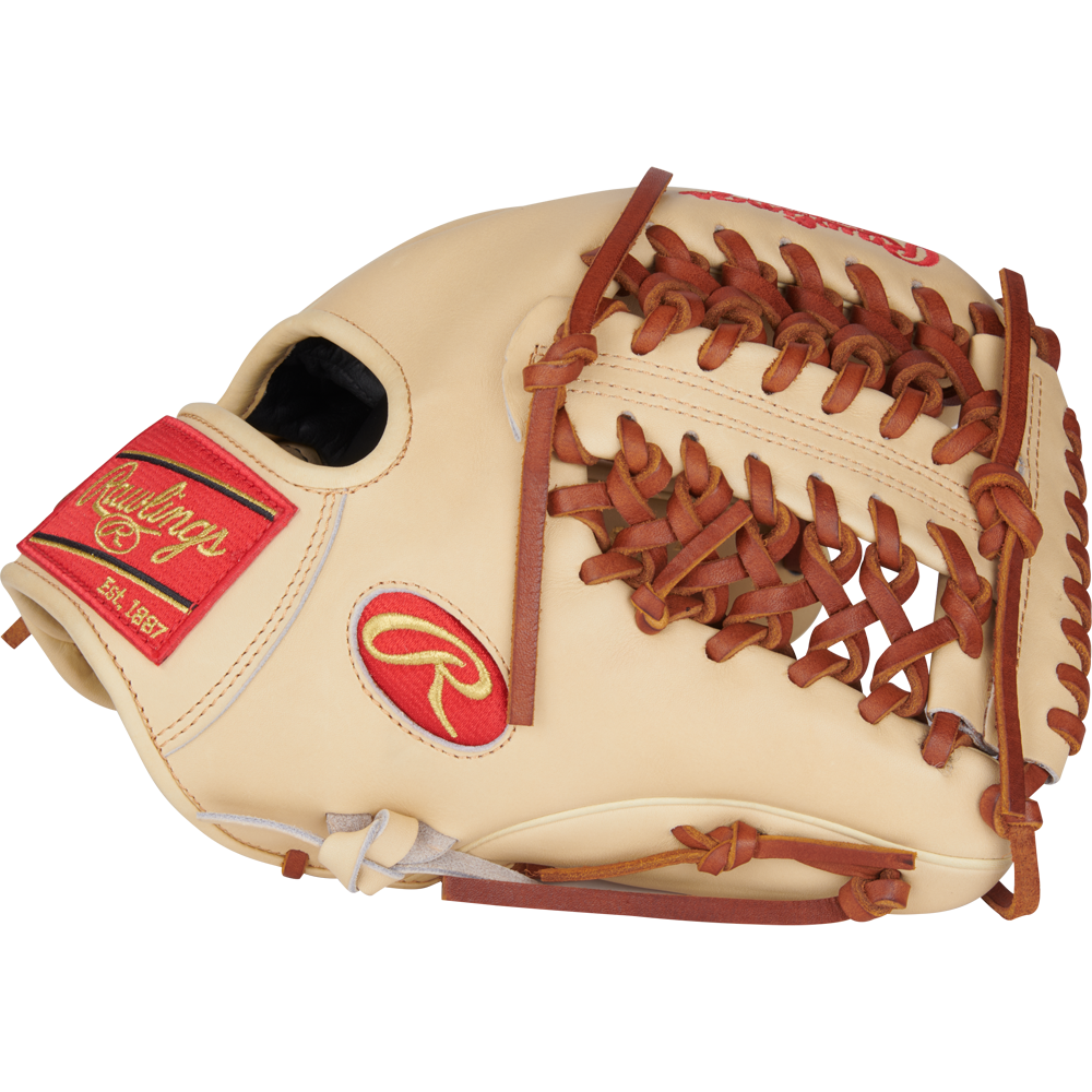 The Rawlings Heart of the Hide 11.75" Baseball Glove (PROR205-4CTG) features a tan design with brown laces and red Rawlings logos on the wrist strap and thumb, ideal for elite infielders in baseball or softball.