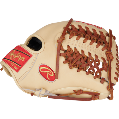 The Rawlings Heart of the Hide 11.75" Baseball Glove (PROR205-4CTG) features a tan design with brown laces and red Rawlings logos on the wrist strap and thumb, ideal for elite infielders in baseball or softball.