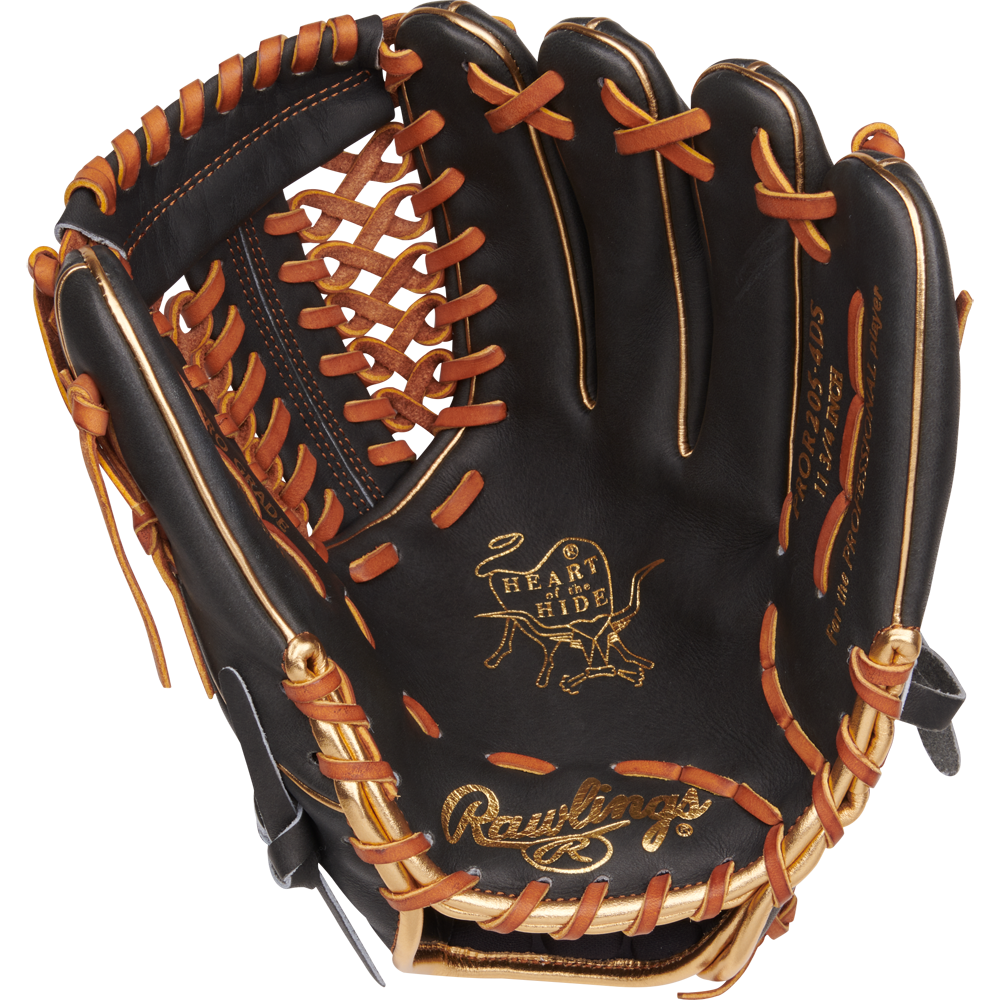A Rawlings Heart of the Hide 11.75" Baseball Glove (PROR205-4DS) in black and brown, shown open to display its leather interior, gold stitching, and the engraved Heart of the Hide logo on the palm.