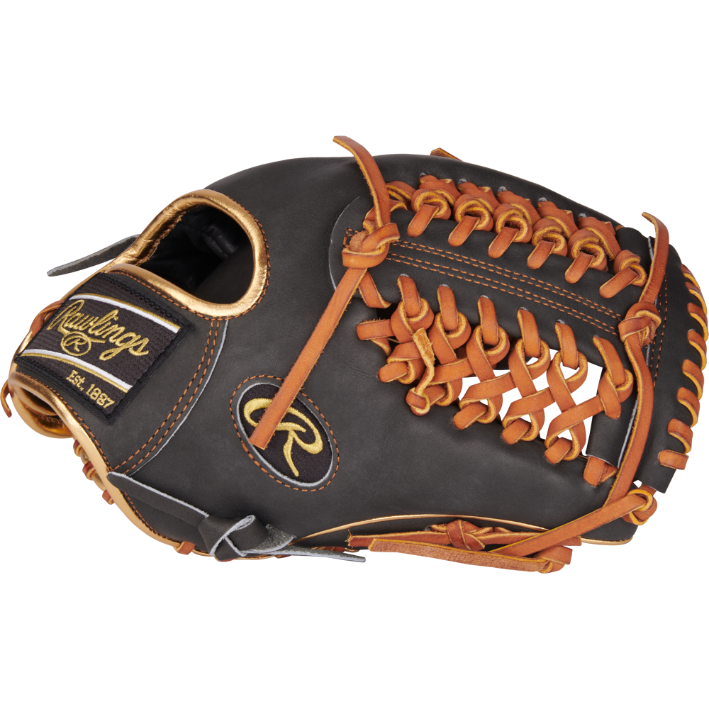 The Rawlings Heart of the Hide 11.75" Baseball Glove (PROR205-4DS) is black with tan laces and stitching, featuring the Rawlings logo and "Est. 1887" on a black and gold patch near the wrist opening.