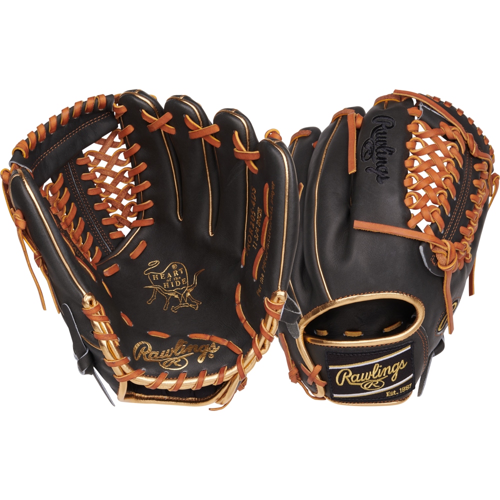 Two Rawlings Heart of the Hide 11.75" PROR205-4DS gloves with black leather, tan laces, gold Rawlings logos, and detailed stitching are shown—one palm up and one showing the back—highlighting classic craftsmanship.