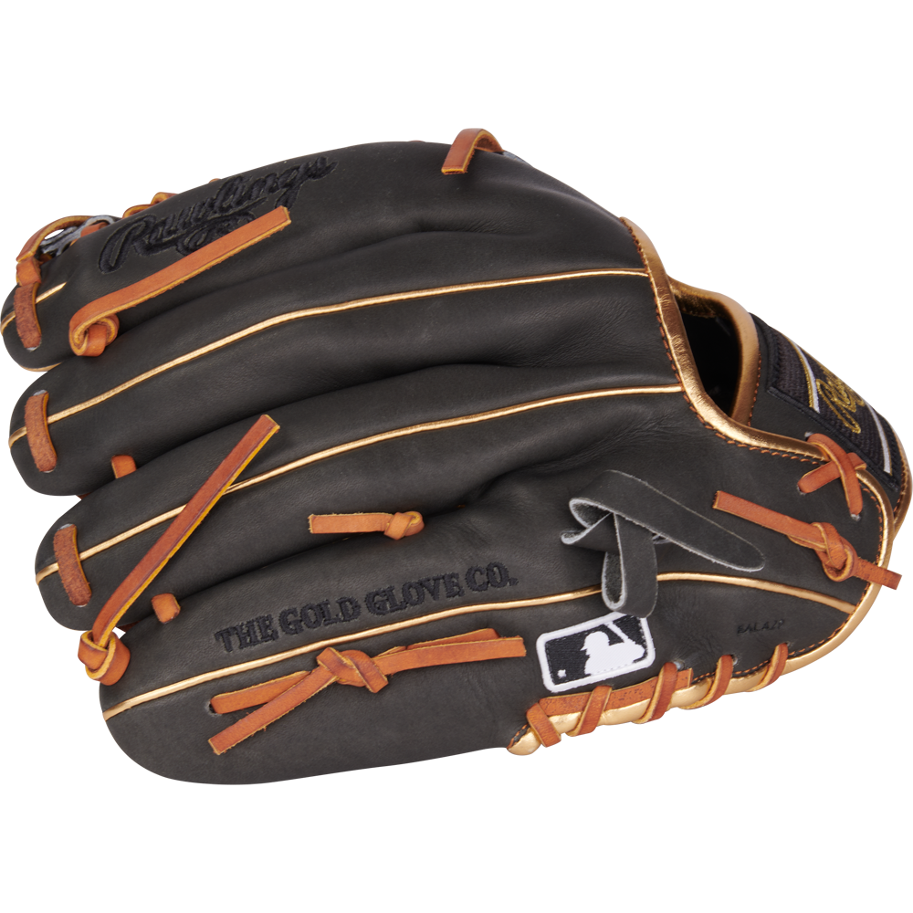 The Rawlings Heart of the Hide 11.75" Baseball Glove (PROR205-4DS) features black leather, brown laces, gold trim, and stitched THE GOLD GLOVE CO. and MLB logos—ideal for infielders seeking top performance.