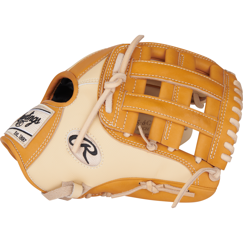 The Rawlings Heart of the Hide 11.75" Baseball Glove (PROR205-6CTSS) rests on a white background, highlighting its classic design as a standout in the Rawlings infield glove lineup.
