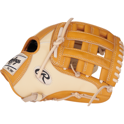 The Rawlings Heart of the Hide 11.75" Baseball Glove (PROR205-6CTSS) rests on a white background, highlighting its classic design as a standout in the Rawlings infield glove lineup.