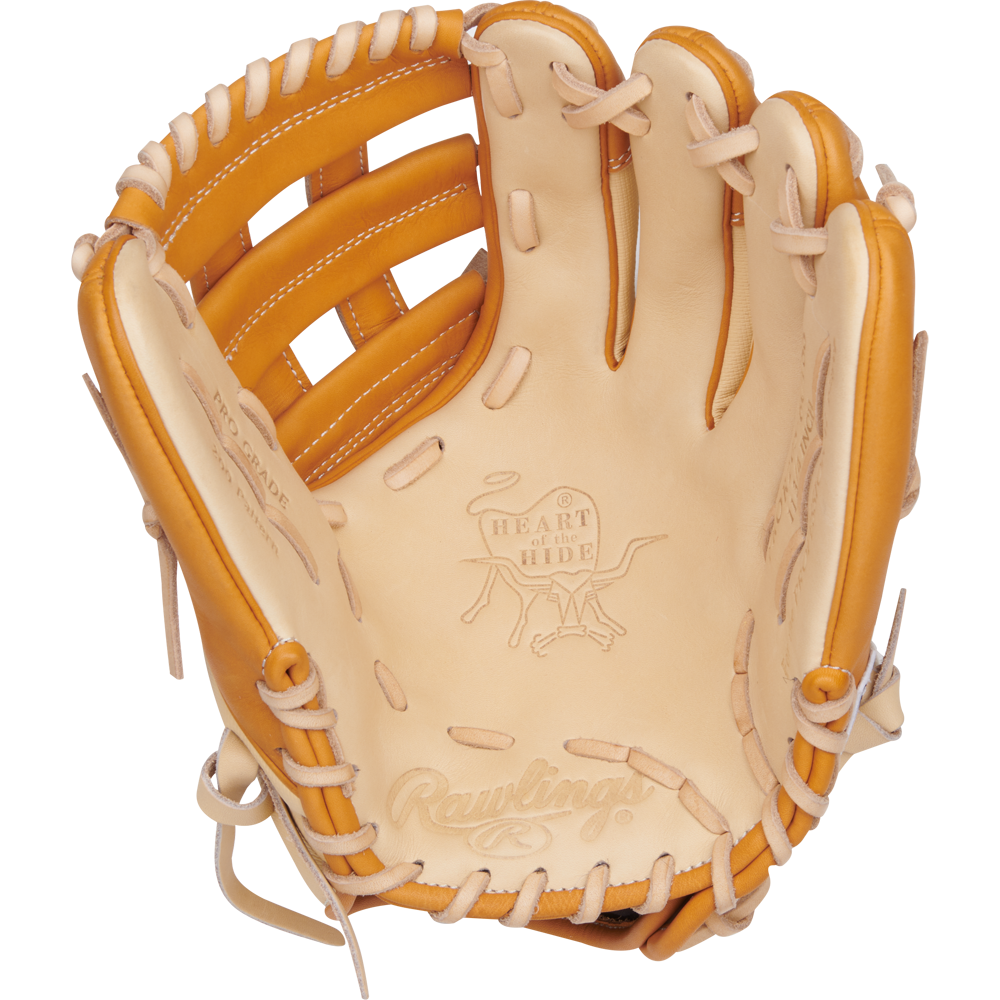 The Rawlings Heart of the Hide 11.75" Baseball Glove (PROR205-6CTSS) features a tan and beige design, logo embossed on the palm, detailed stitching, premium lacing, and expert craftsmanship.