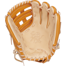 The Rawlings Heart of the Hide 11.75" Baseball Glove (PROR205-6CTSS) features a tan and beige design, logo embossed on the palm, detailed stitching, premium lacing, and expert craftsmanship.