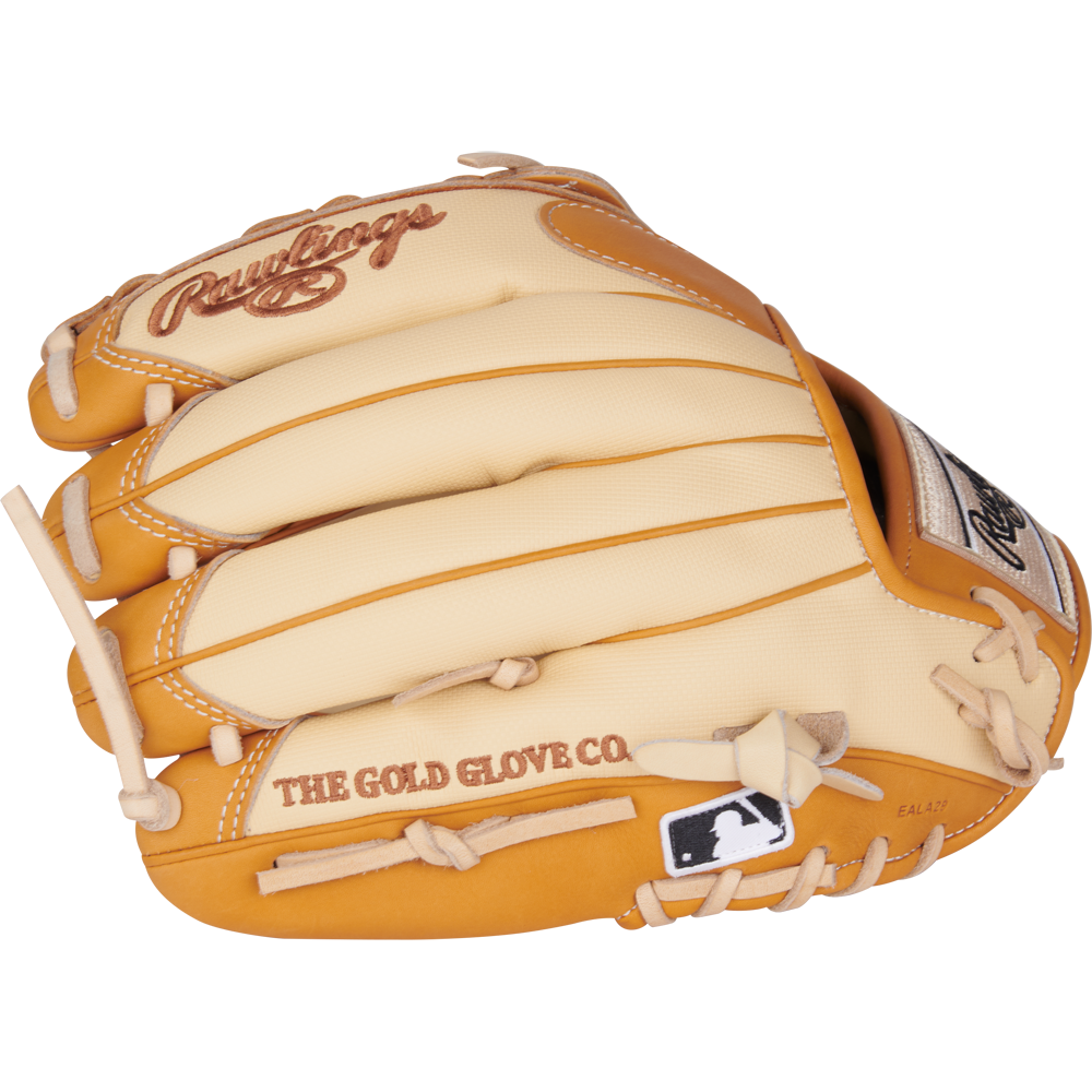The Rawlings Heart of the Hide 11.75" Baseball Glove (PROR205-6CTSS) in tan and beige displays THE GOLD GLOVE CO. and MLB logos on the side, highlighting expert infield craftsmanship against a white background.