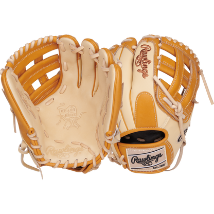 Two Rawlings Heart of the Hide 11.75" gloves (PROR205-6CTSS) are shown in tan and cream, one displaying the open palm with visible stitching and branding, the other showing laces and Speed Shell technology on the outer side.