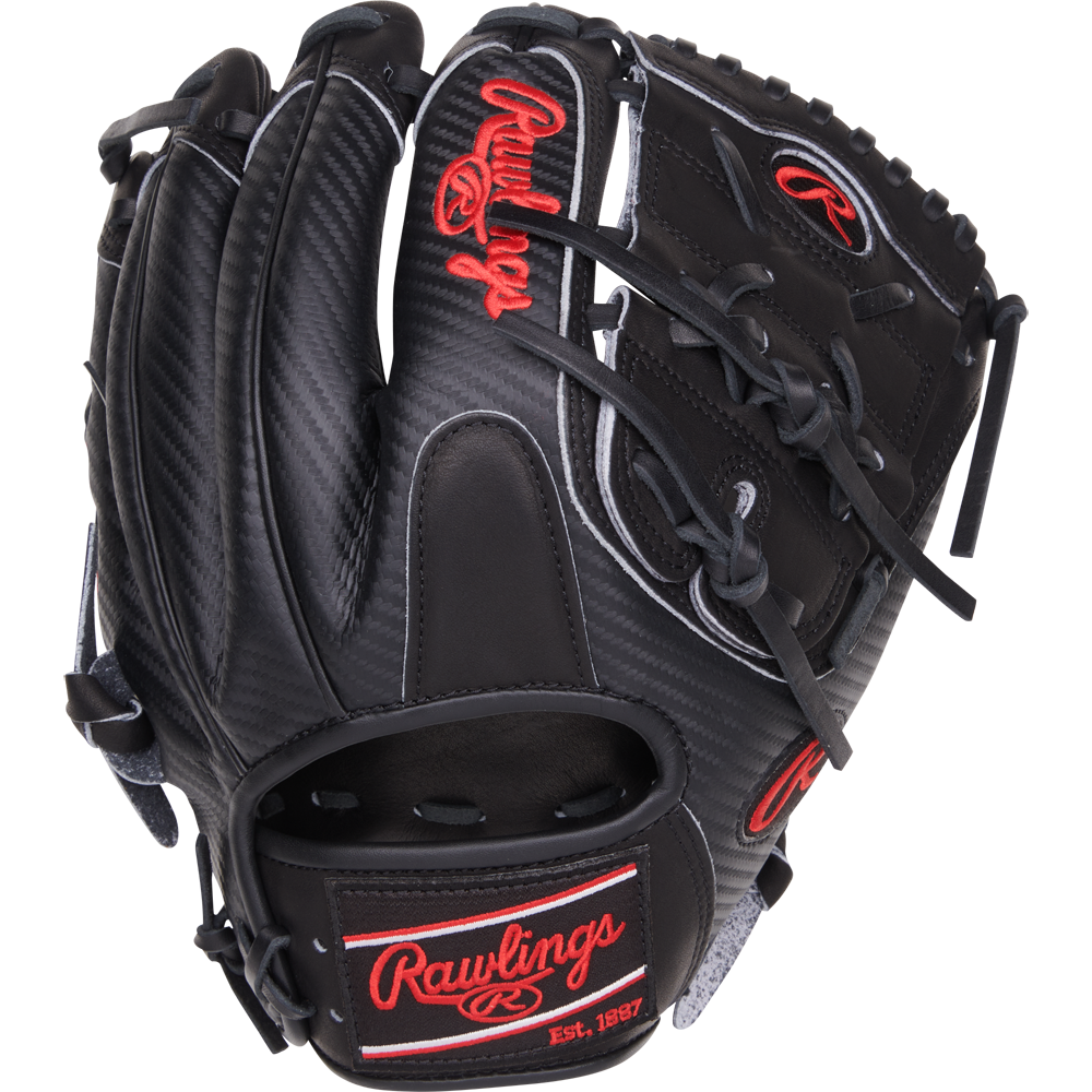 The Rawlings Heart of the Hide 11.75" Baseball Glove (PROR205-9BCFS) features a sleek black design with bold red text, perfect for infielders.