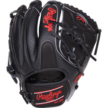 The Rawlings Heart of the Hide 11.75" Baseball Glove (PROR205-9BCFS) features a sleek black design with bold red text, perfect for infielders.