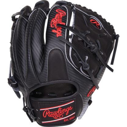 The Rawlings Heart of the Hide 11.75" Baseball Glove (PROR205-9BCFS) features a sleek black design with bold red text, perfect for infielders.