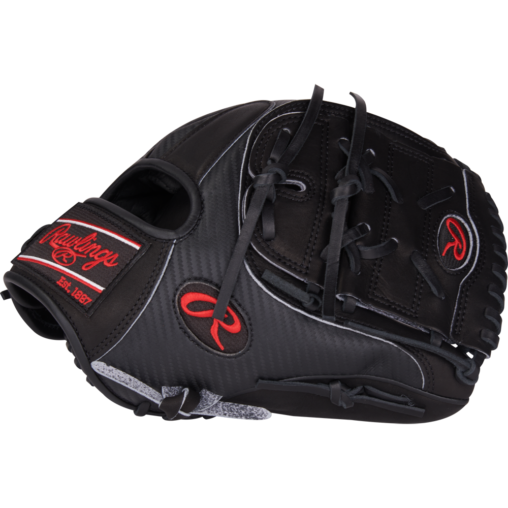 A Rawlings Heart of the Hide 11.75" Baseball Glove (PROR205-9BCFS), featuring a black and red design for infield use.
