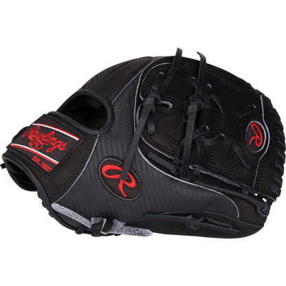 A Rawlings Heart of the Hide 11.75" Baseball Glove (PROR205-9BCFS), featuring a black and red design for infield use.