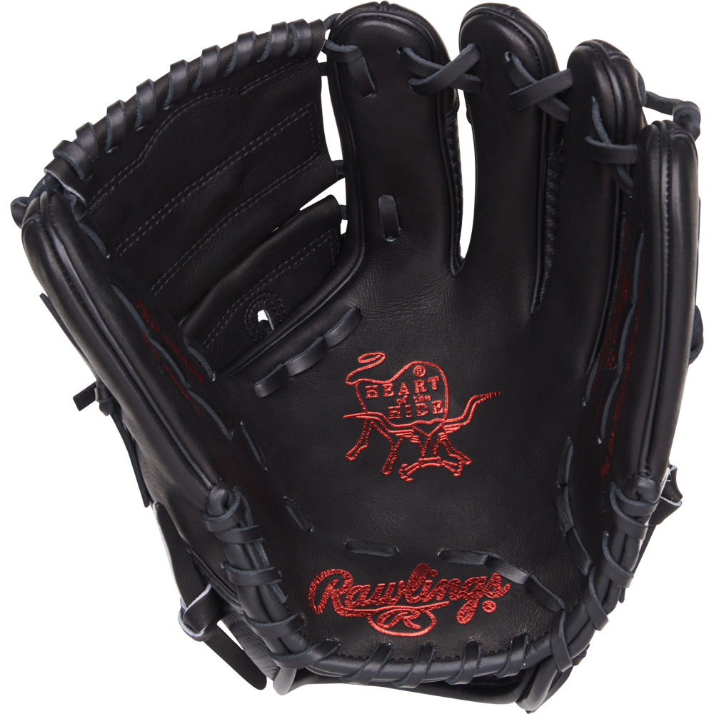 The Rawlings Heart of the Hide 11.75" Baseball Glove (PROR205-9BCFS) features a black design with red stitching, iconic logos on palm and wrist, and a lightweight Hyper Shell for faster infield plays.