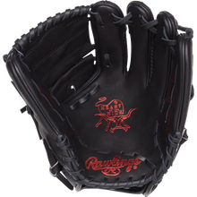The Rawlings Heart of the Hide 11.75" Baseball Glove (PROR205-9BCFS) features a black design with red stitching, iconic logos on palm and wrist, and a lightweight Hyper Shell for faster infield plays.