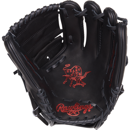 The Rawlings Heart of the Hide 11.75" Baseball Glove (PROR205-9BCFS) features a black design with red stitching, iconic logos on palm and wrist, and a lightweight Hyper Shell for faster infield plays.