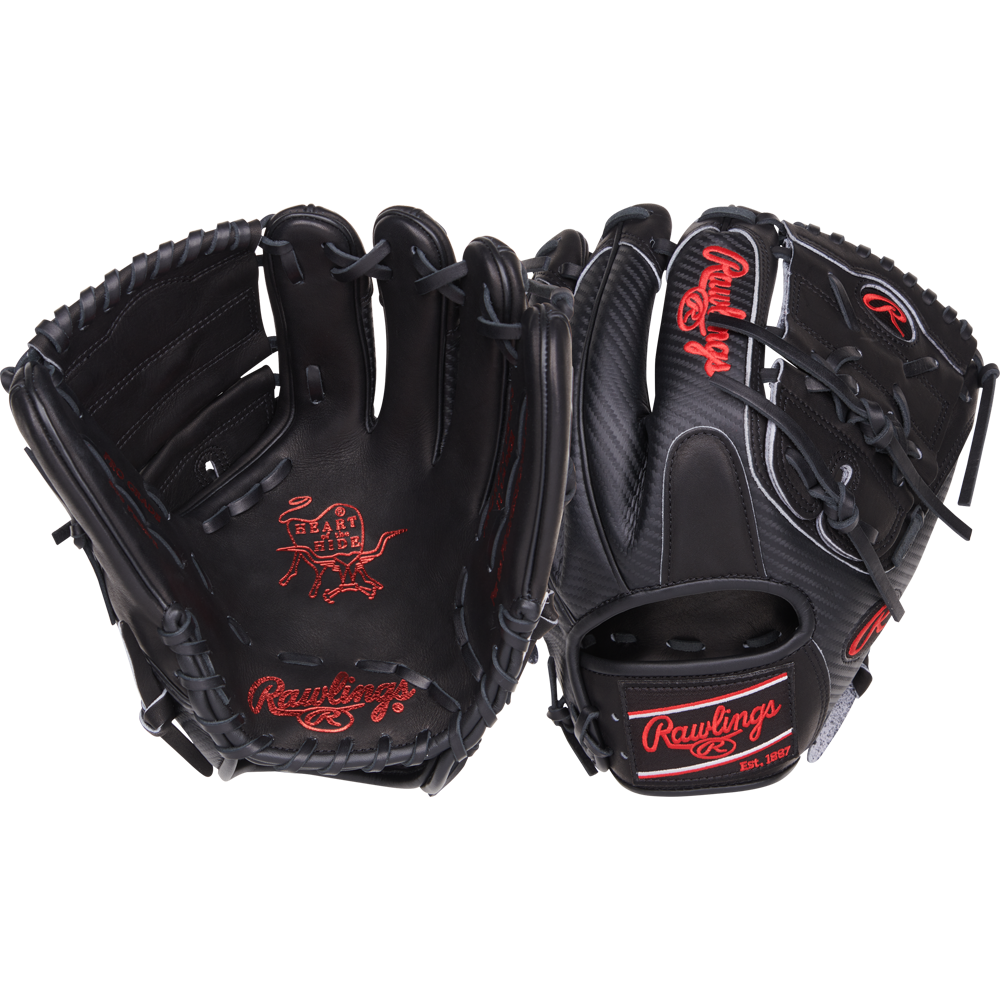 The Rawlings Heart of the Hide 11.75" Baseball Glove (PROR205-9BCFS) is a black infield glove featuring bold red text.