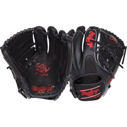 The Rawlings Heart of the Hide 11.75" Baseball Glove (PROR205-9BCFS) is a black infield glove featuring bold red text.