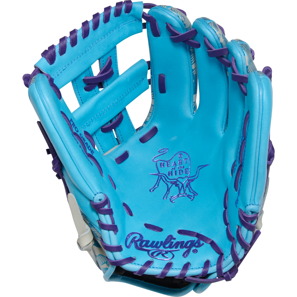 The Rawlings Heart of the Hide 11.75" Baseball Glove (PROR205U-32CBG) features a bright blue design with purple laces and accents plus an embossed iconic logo on the palm.