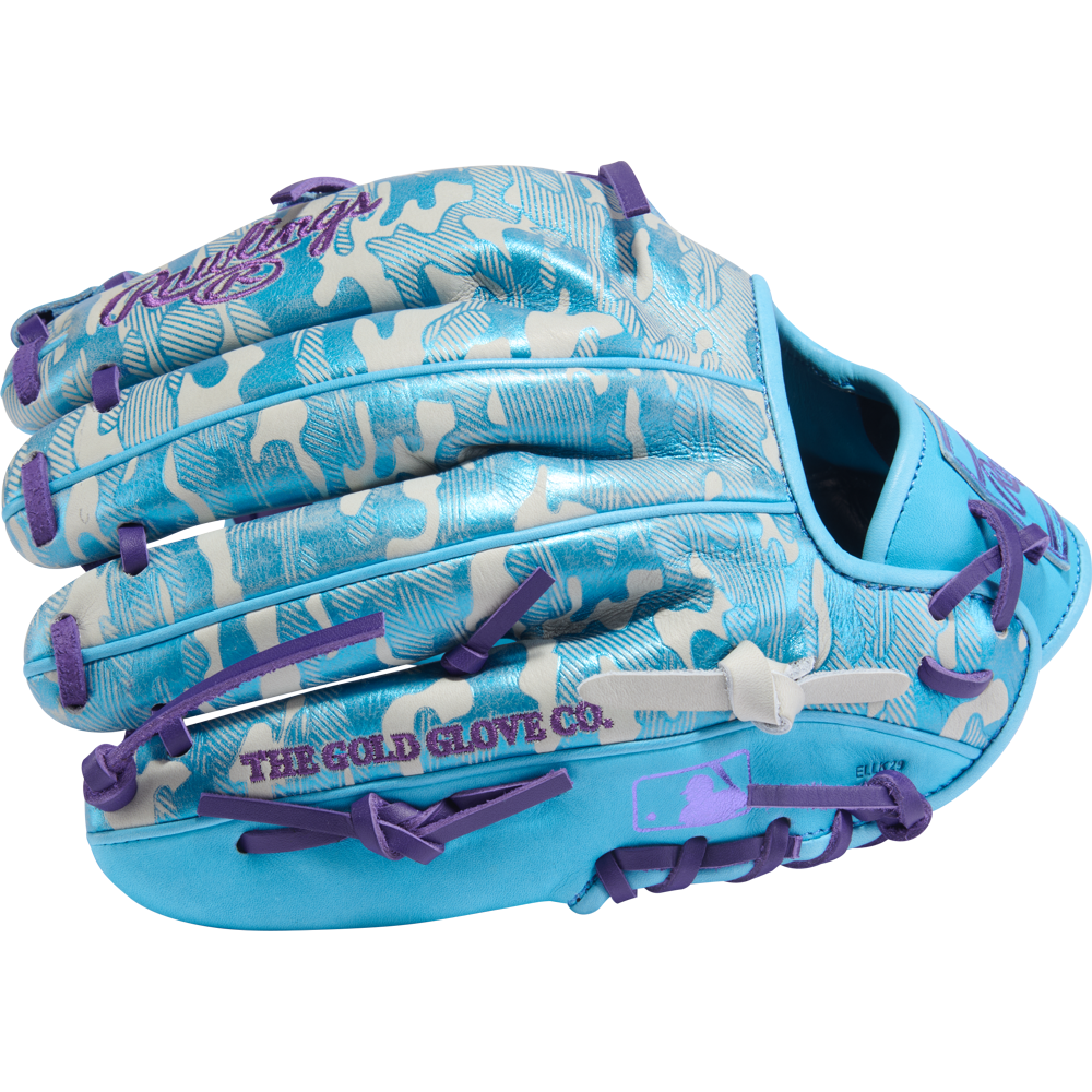 The Rawlings Heart of the Hide 11.75" Baseball Glove (PROR205U-32CBG) features a turquoise and light blue design with a white camo pattern, purple laces, THE GOLD GLOVE CO., and MLB logos on the side.