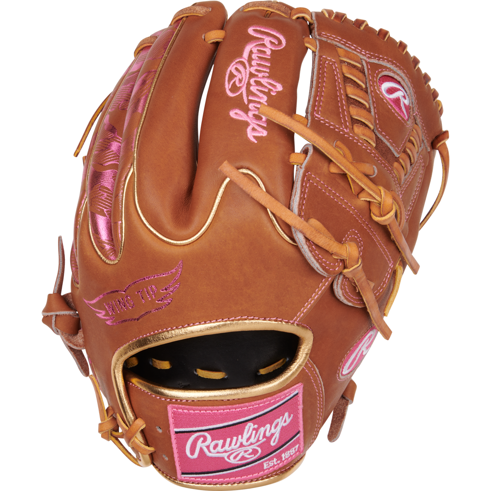 The Rawlings Heart of the Hide 11.75" Color Sync Baseball Glove (PROR205W-30GB) features brown leather, pink stitching, and ColorSync accents, including the Rawlings logo and embroidered details, shown against a white background.