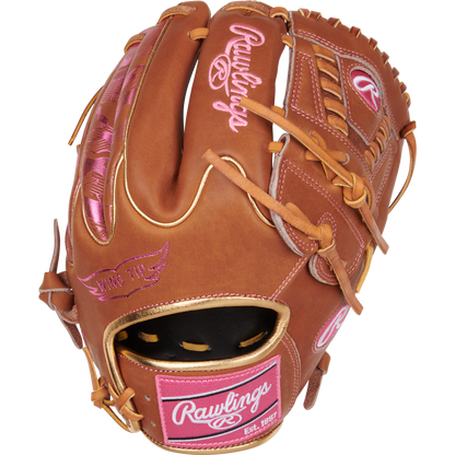 The Rawlings Heart of the Hide 11.75" Color Sync Baseball Glove (PROR205W-30GB) features brown leather, pink stitching, and ColorSync accents, including the Rawlings logo and embroidered details, shown against a white background.