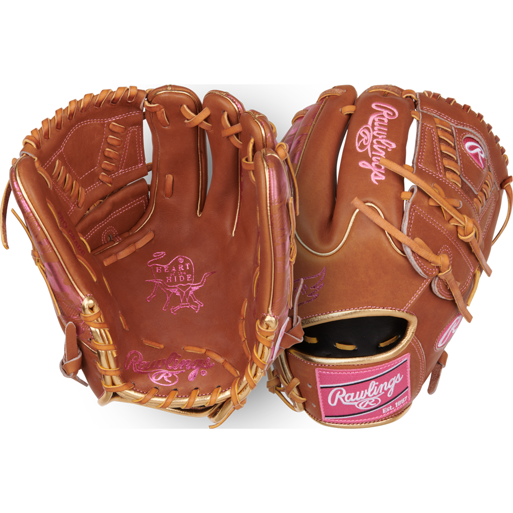 Two tan Rawlings Heart of the Hide 11.75" Color Sync Baseball Gloves (PROR205W-30GB) are displayed—one showing the palm, one the back—highlighting pink stitching, signature branding, and premium craftsmanship.