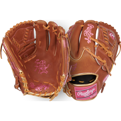 Two tan Rawlings Heart of the Hide 11.75" Color Sync Baseball Gloves (PROR205W-30GB) are displayed—one showing the palm, one the back—highlighting pink stitching, signature branding, and premium craftsmanship.