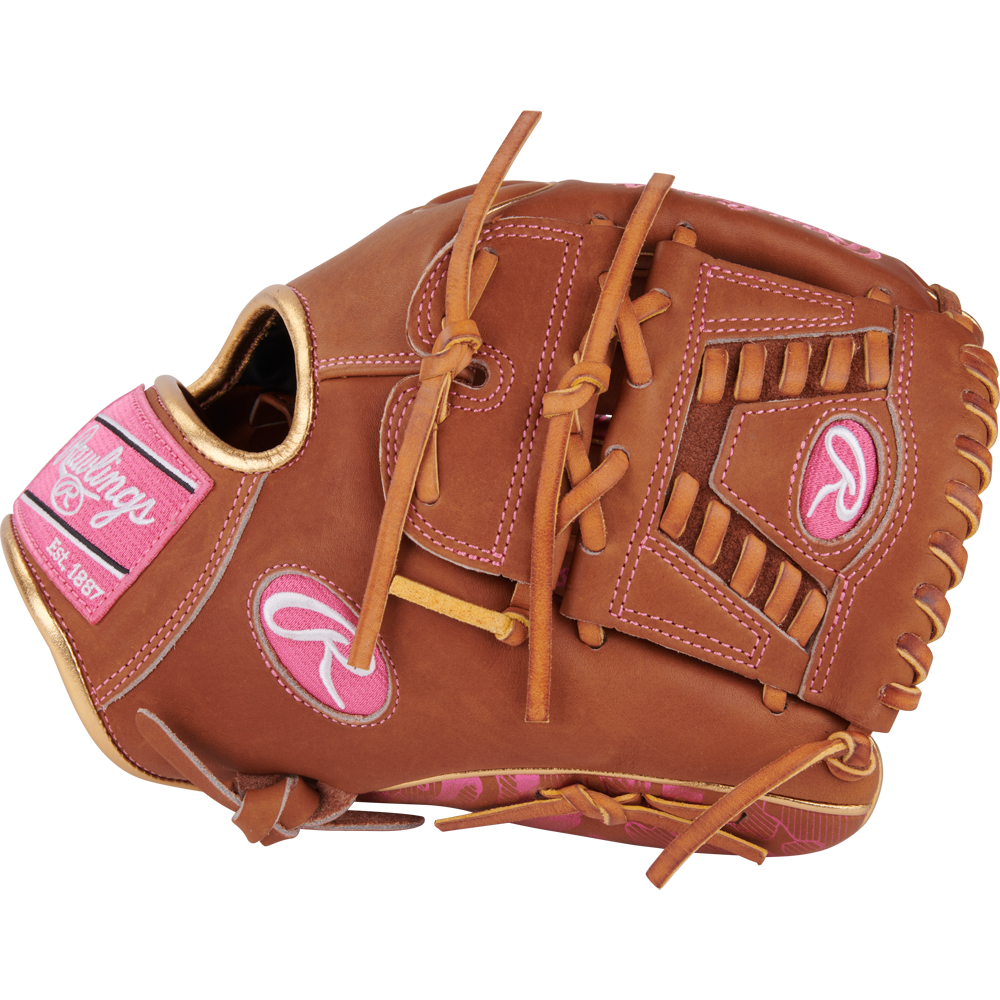 The Rawlings Heart of the Hide 11.75" Color Sync Baseball Glove (PROR205W-30GB) features brown leather, pink accents, yellow laces, and Rawlings branding on the wrist strap and thumb.