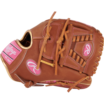 The Rawlings Heart of the Hide 11.75" Color Sync Baseball Glove (PROR205W-30GB) features brown leather, pink accents, yellow laces, and Rawlings branding on the wrist strap and thumb.