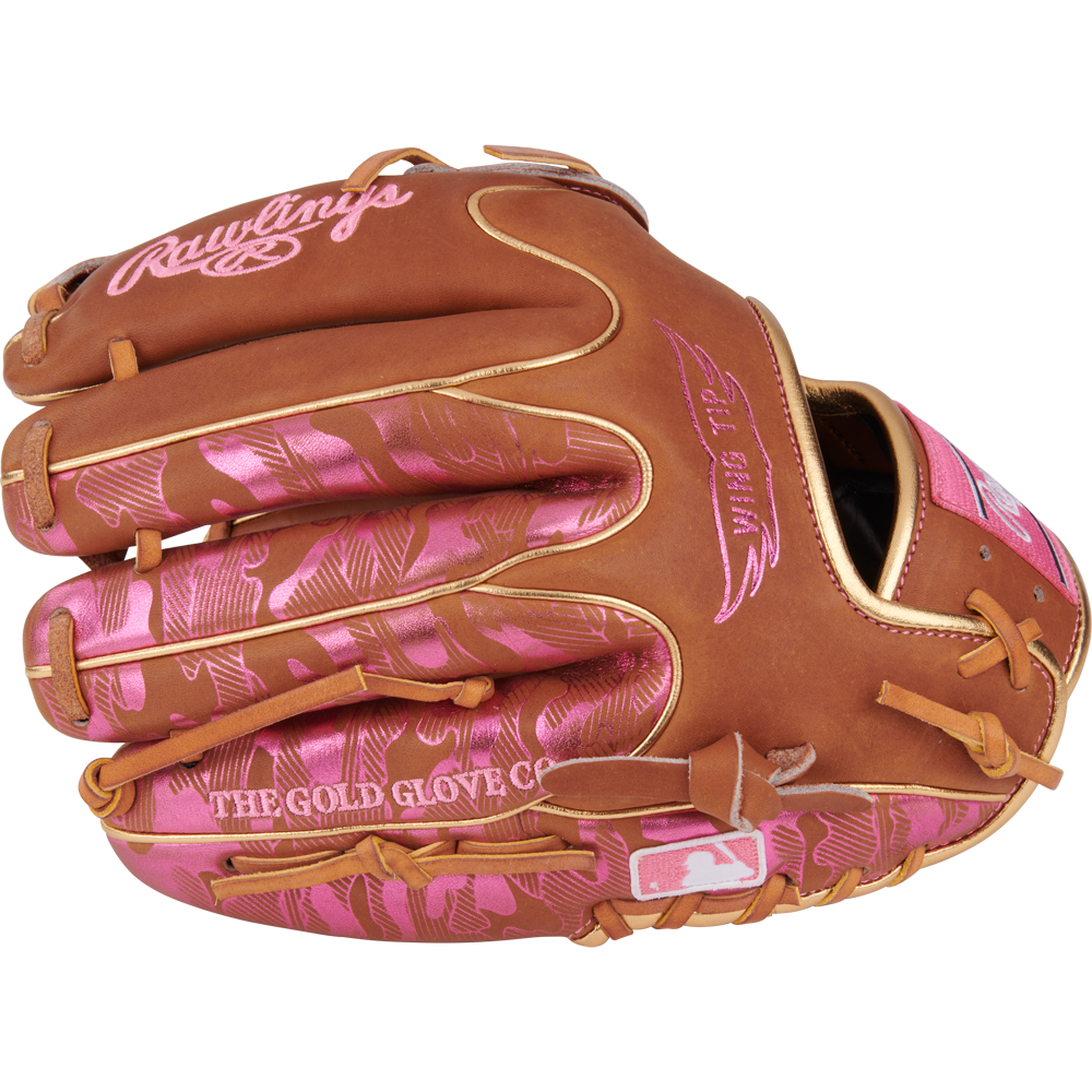 The Rawlings Heart of the Hide 11.75" Color Sync glove (PROR205W-30GB) features brown leather, pink camo accents and stitching, ColorSync details, "The Gold Glove Co." text, and an MLB logo near the wrist.