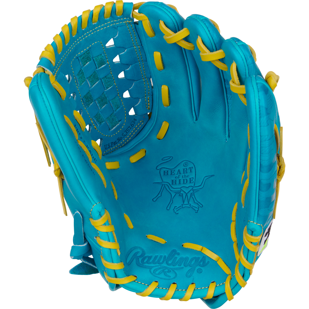 The Rawlings Heart of the Hide 12" Color Sync Baseball Glove (PROR206CFB-11TE) is a bright blue pitcher’s glove with yellow laces, basket web design, detailed stitching, and the Heart of the Hide logo stamped on the palm.
