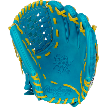 The Rawlings Heart of the Hide 12" Color Sync Baseball Glove (PROR206CFB-11TE) is a bright blue pitcher’s glove with yellow laces, basket web design, detailed stitching, and the Heart of the Hide logo stamped on the palm.