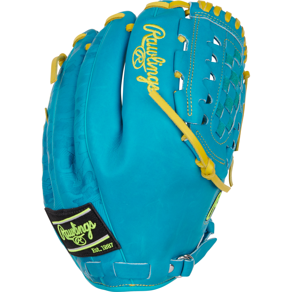 The Rawlings Heart of the Hide 12" Color Sync Baseball Glove (PROR206CFB-11TE) features turquoise leather, yellow lacing, neon green accents, a woven web, and distinctive Rawlings logos for standout style.