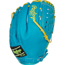 The Rawlings Heart of the Hide 12" Color Sync Baseball Glove (PROR206CFB-11TE) features turquoise leather, yellow lacing, neon green accents, a woven web, and distinctive Rawlings logos for standout style.