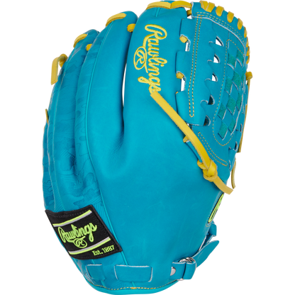 The Rawlings Heart of the Hide 12" Color Sync Baseball Glove (PROR206CFB-11TE) features turquoise leather, yellow lacing, neon green accents, a woven web, and distinctive Rawlings logos for standout style.