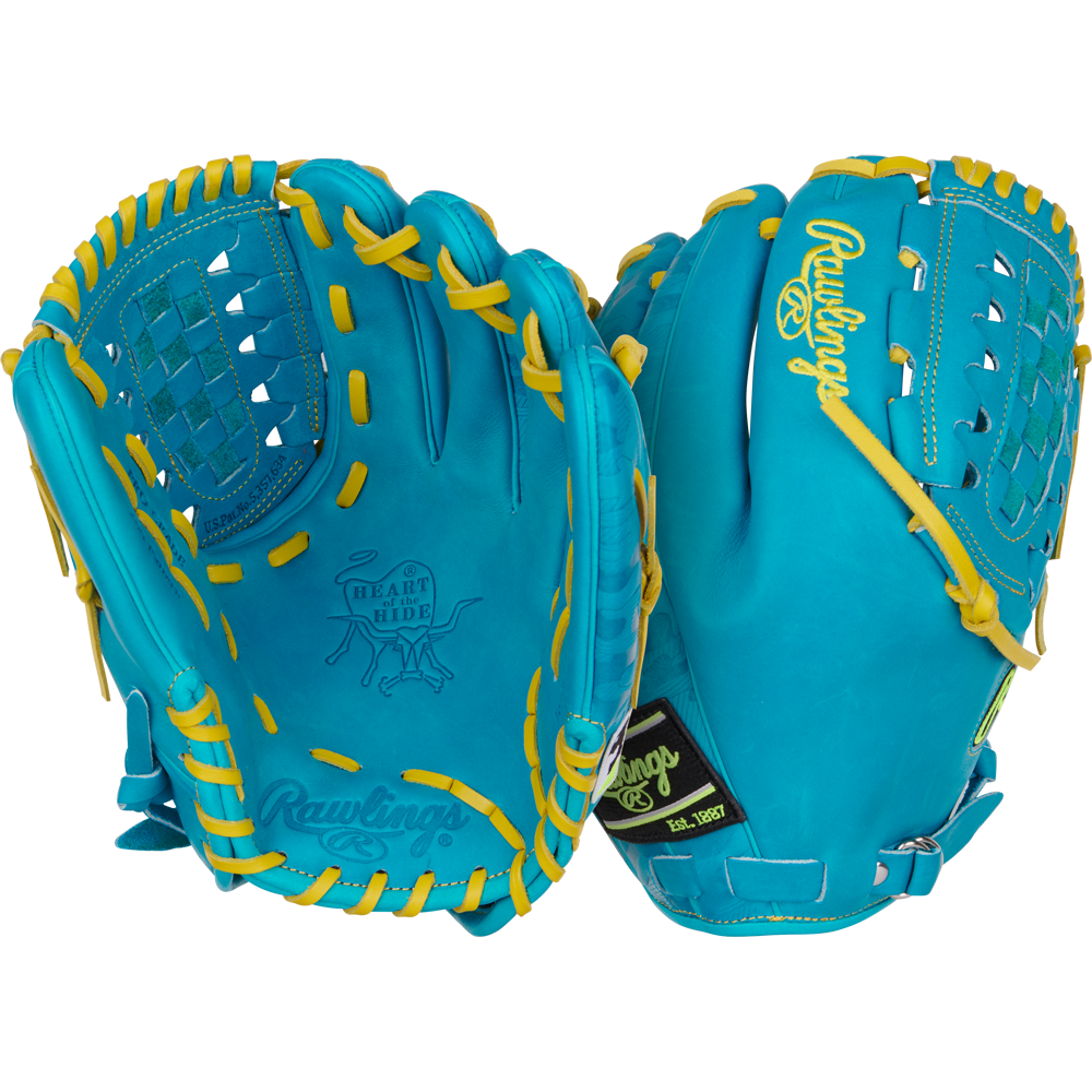 A pair of Rawlings Heart of the Hide 12" Color Sync baseball gloves (model PROR206CFB-11TE) in blue and yellow.