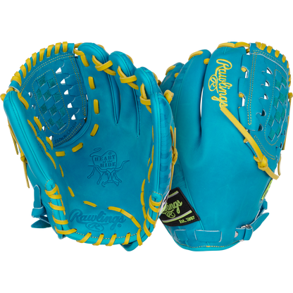 A pair of Rawlings Heart of the Hide 12" Color Sync baseball gloves (model PROR206CFB-11TE) in blue and yellow.