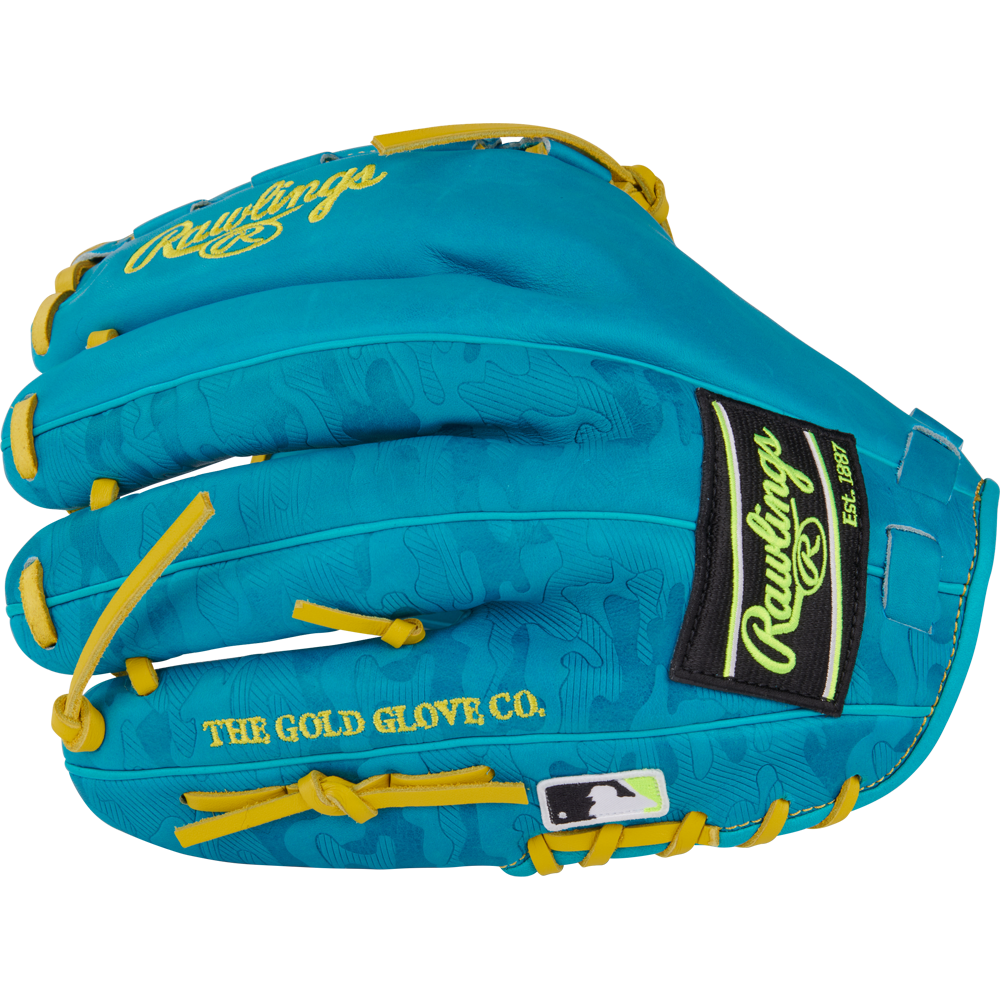 The Rawlings Heart of the Hide 12" Color Sync Baseball Glove (PROR206CFB-11TE) features a turquoise design with yellow laces, the Rawlings logo and "THE GOLD GLOVE CO." text in yellow, plus a black and white MLB logo patch near the wrist.
