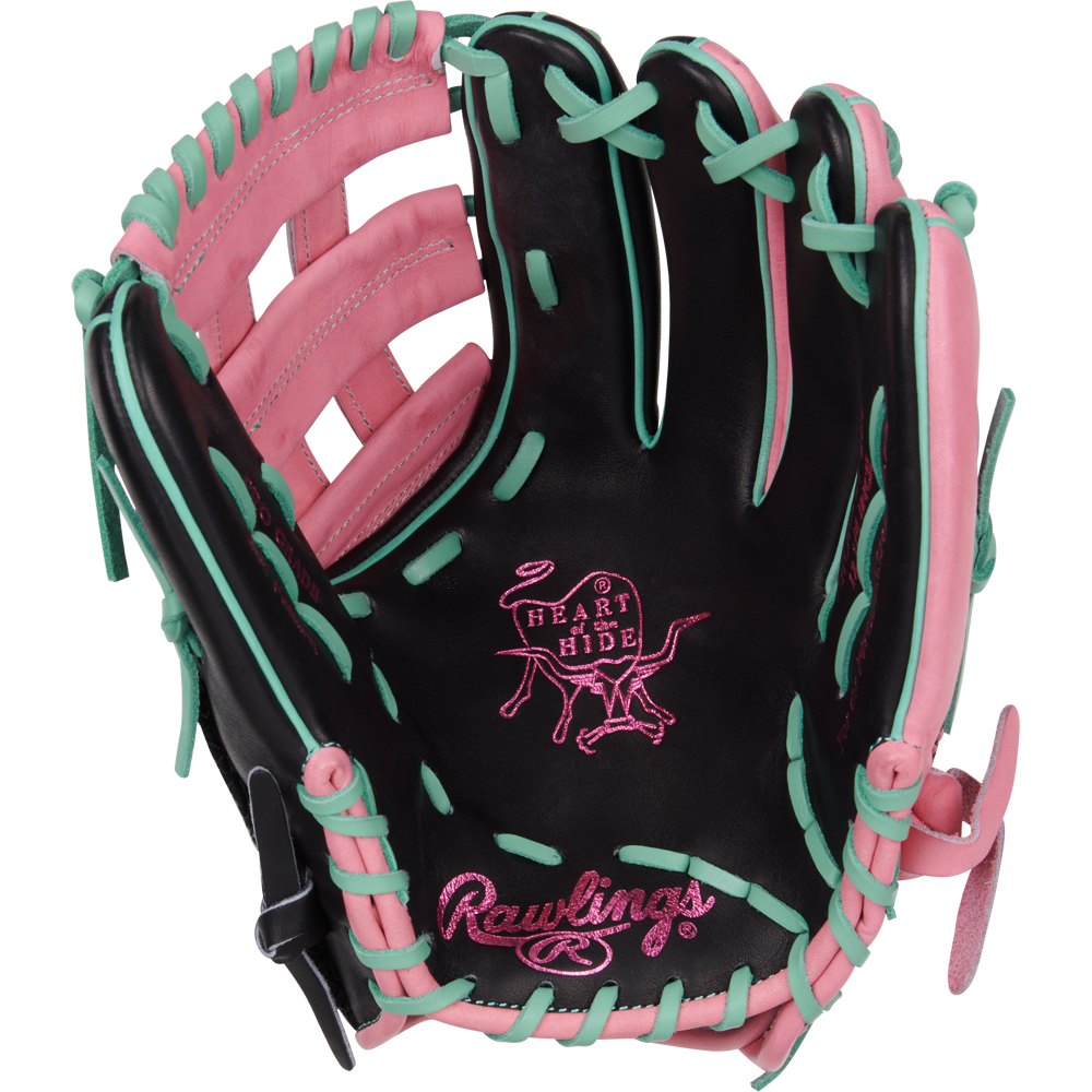 The Rawlings Heart of the Hide 12.25" Color Sync Glove (PROR207-6BP) features black leather, pink and teal laces, a pink interior, and embroidered Heart of the Hide logos on the palm.