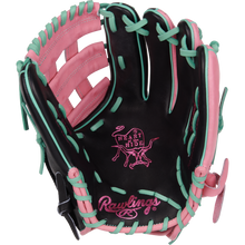 The Rawlings Heart of the Hide 12.25" Color Sync Glove (PROR207-6BP) features black leather, pink and teal laces, a pink interior, and embroidered Heart of the Hide logos on the palm.