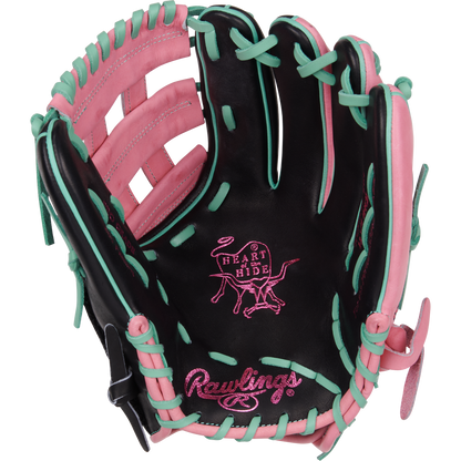 The Rawlings Heart of the Hide 12.25" Color Sync Glove (PROR207-6BP) features black leather, pink and teal laces, a pink interior, and embroidered Heart of the Hide logos on the palm.