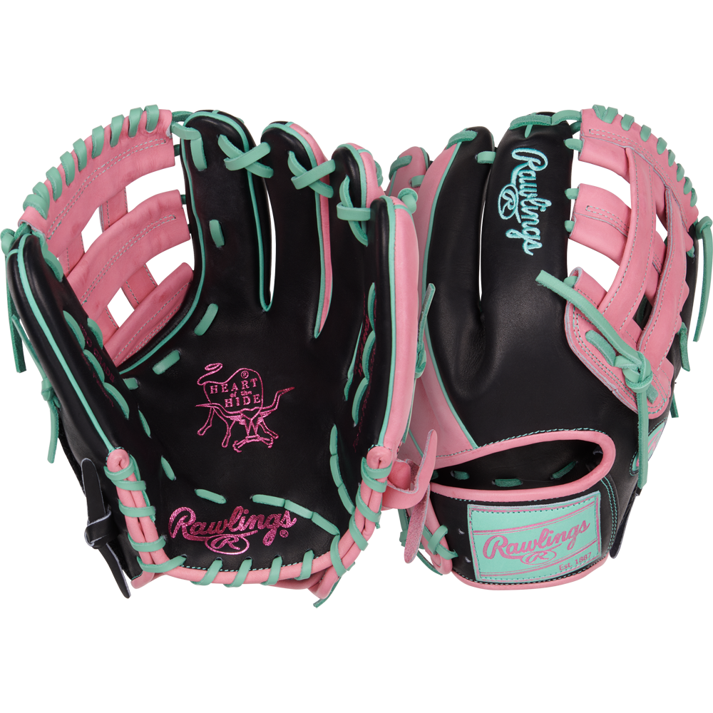 Two Rawlings Heart of the Hide 12.25" Color Sync Baseball Gloves (PROR207-6BP) are shown, featuring a black base with pink and mint green lacing, plus prominent Rawlings branding and the iconic "Heart of the Hide" logo.