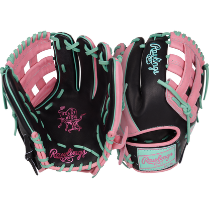 Two Rawlings Heart of the Hide 12.25" Color Sync Baseball Gloves (PROR207-6BP) are shown, featuring a black base with pink and mint green lacing, plus prominent Rawlings branding and the iconic "Heart of the Hide" logo.